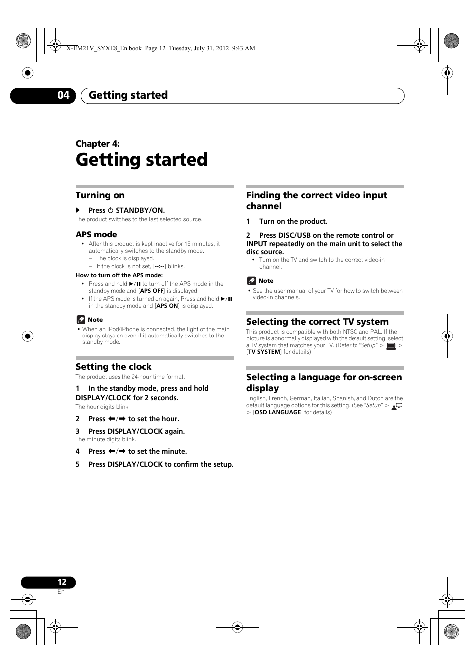 04 getting started, Turning on, Aps mode | Setting the clock, Finding the correct video input channel, Selecting the correct tv system, Selecting a language for on-screen display, Getting started, Getting started 04, Chapter 4 | Pioneer X-EM21V User Manual | Page 12 / 172