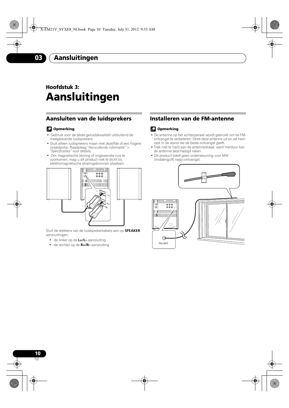 03 aansluitingen, Aansluiten van de luidsprekers, Installeren van de fm-antenne | Aansluitingen, Aansluitingen 03, Hoofdstuk 3 | Pioneer X-EM21V User Manual | Page 122 / 172