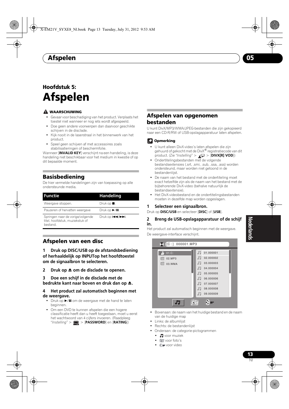 05 afspelen, Basisbediening, Afspelen van een disc | Afspelen van opgenomen bestanden, Afspelen, Afspelen 05, Hoofdstuk 5 | Pioneer X-EM21V User Manual | Page 125 / 172