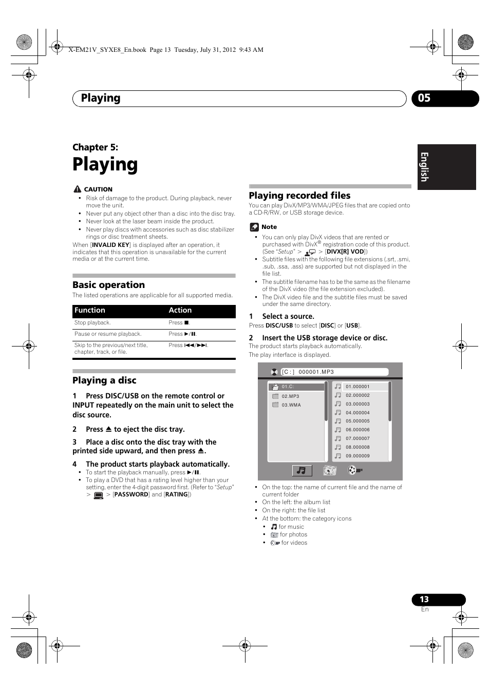 05 playing, Basic operation, Playing a disc | Playing recorded files, Playing, Playing 05, Chapter 5 | Pioneer X-EM21V User Manual | Page 13 / 172