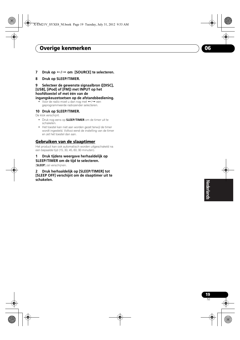 Gebruiken van de slaaptimer, Overige kenmerken 06 | Pioneer X-EM21V User Manual | Page 131 / 172