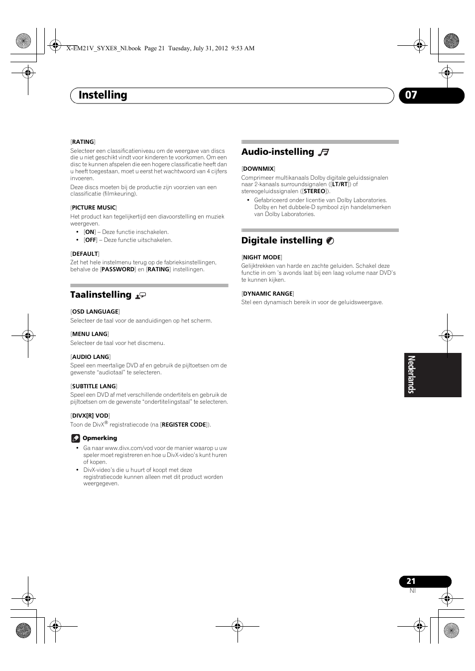 Taalinstelling, Audio-instelling, Digitale instelling | Instelling 07 | Pioneer X-EM21V User Manual | Page 133 / 172