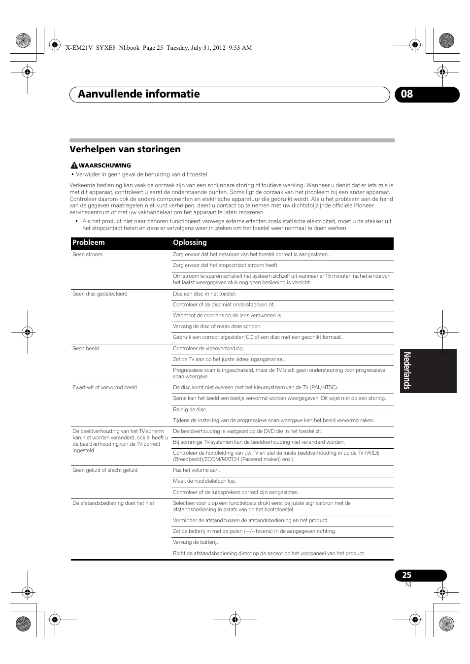 Verhelpen van storingen, Aanvullende informatie 08 | Pioneer X-EM21V User Manual | Page 137 / 172