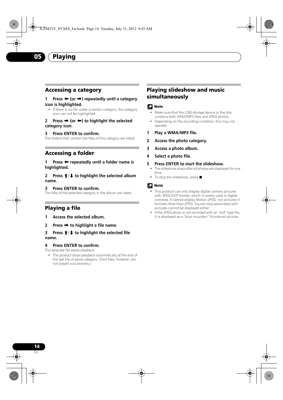 Accessing a category, Accessing a folder, Playing a file | Playing slideshow and music simultaneously, Playing 05 | Pioneer X-EM21V User Manual | Page 14 / 172