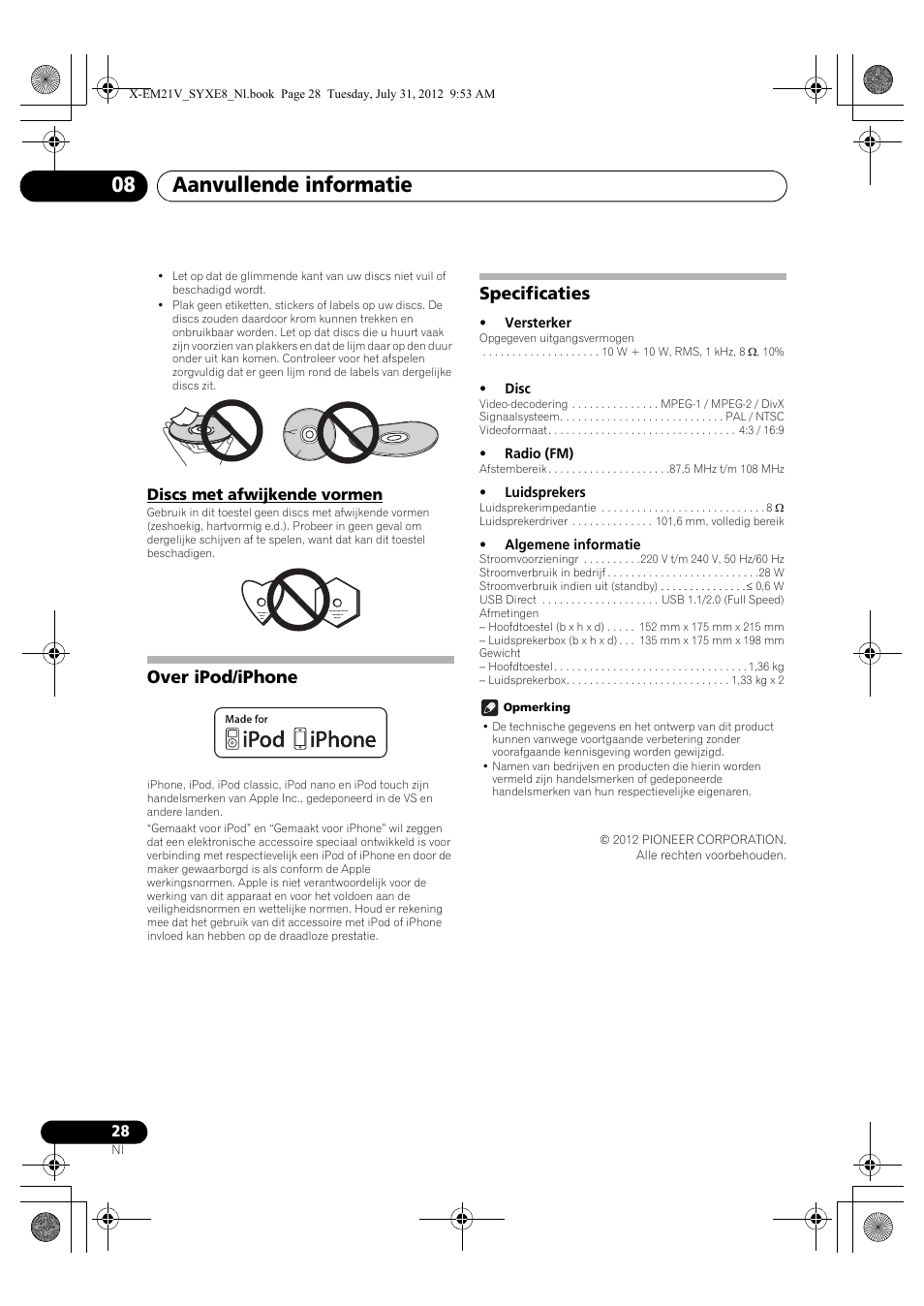 Discs met afwijkende vormen, Over ipod/iphone, Specificaties | Aanvullende informatie 08 | Pioneer X-EM21V User Manual | Page 140 / 172