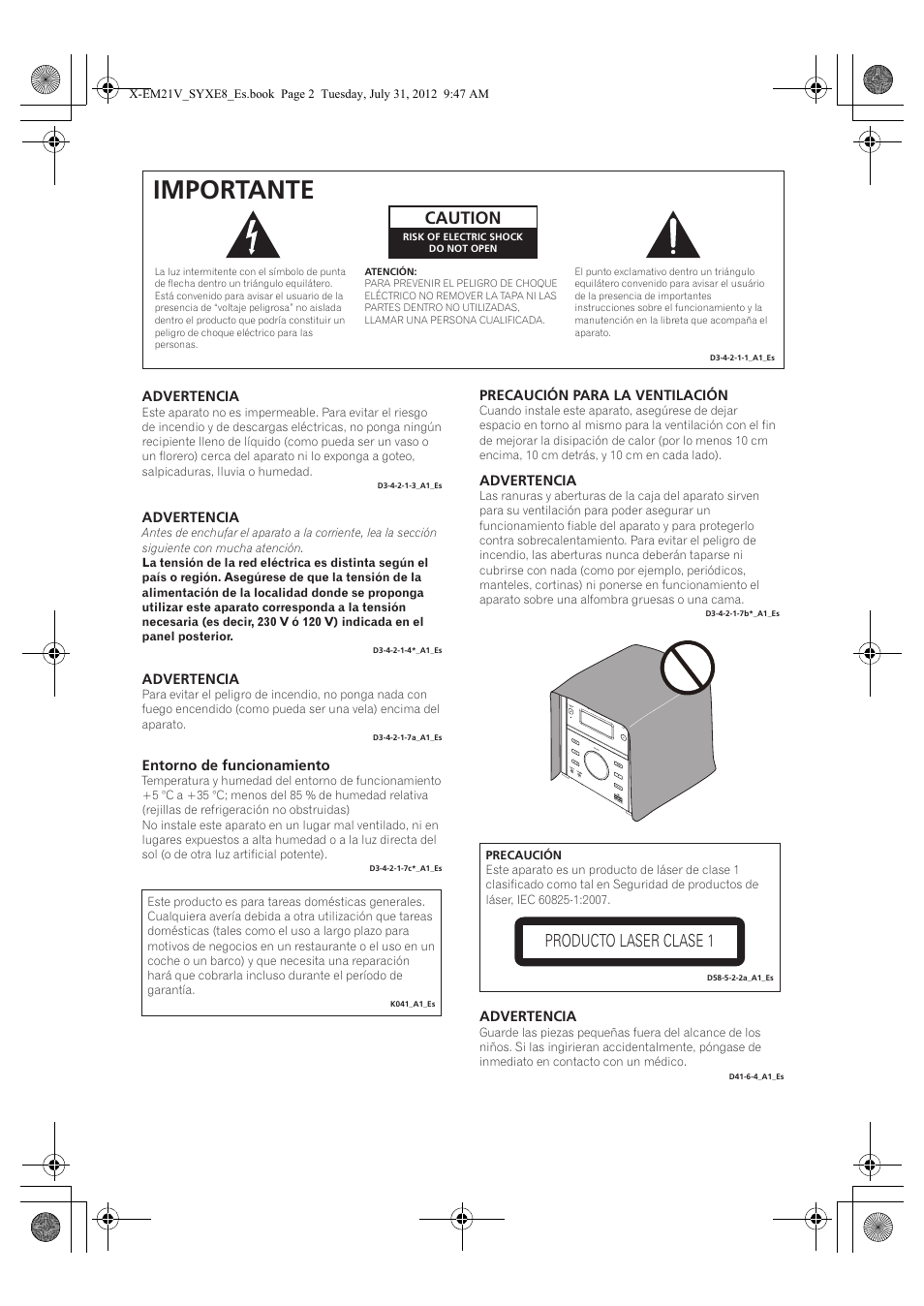 Importante, Caution, Producto laser clase 1 | Pioneer X-EM21V User Manual | Page 142 / 172