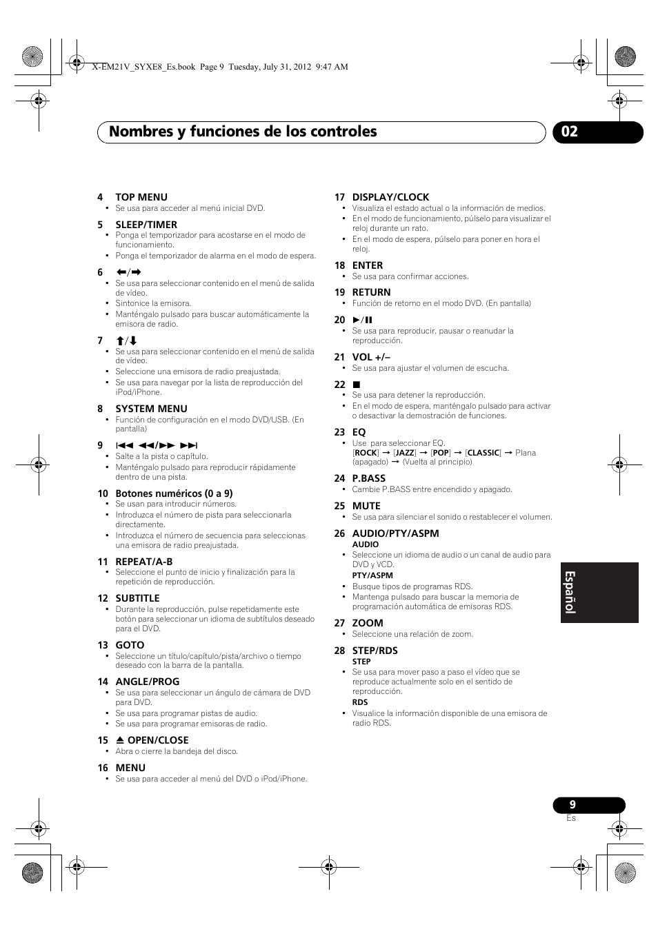 Nombres y funciones de los controles 02 | Pioneer X-EM21V User Manual | Page 149 / 172