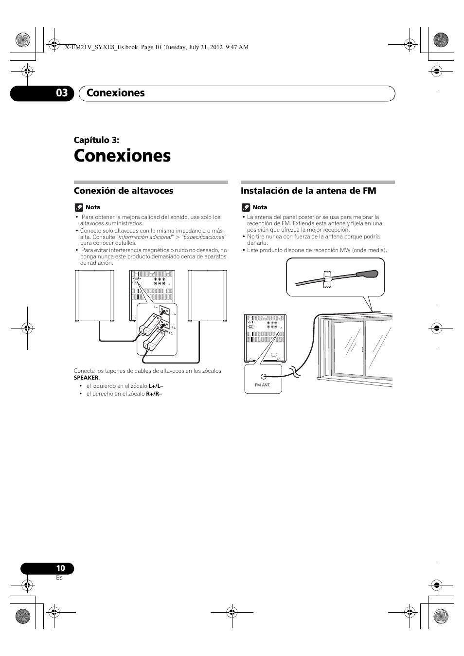 03 conexiones, Conexión de altavoces, Instalación de la antena de fm | Conexiones, Conexiones 03, Capítulo 3 | Pioneer X-EM21V User Manual | Page 150 / 172