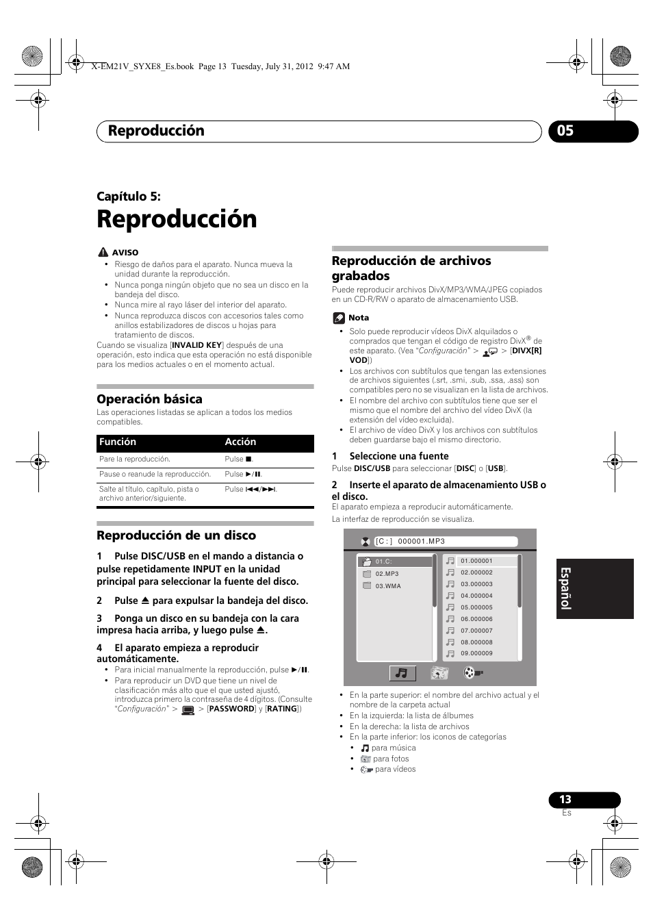 05 reproducción, Operación básica, Reproducción de un disco | Reproducción de archivos grabados, Reproducción, Reproducción 05, Capítulo 5 | Pioneer X-EM21V User Manual | Page 153 / 172