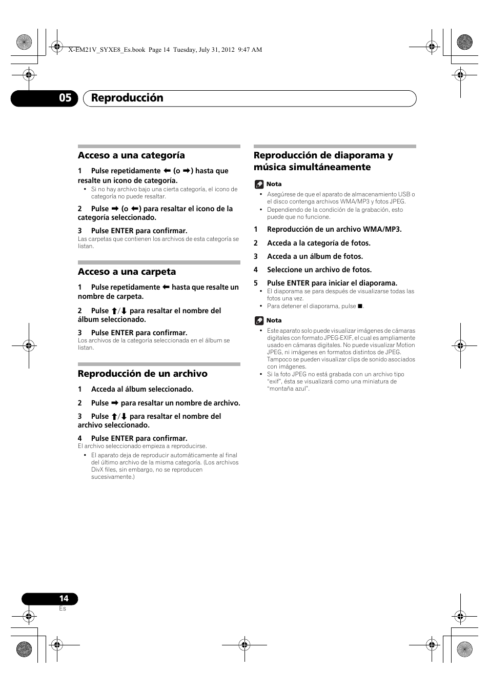 Acceso a una categoría, Acceso a una carpeta, Reproducción de un archivo | Reproducción de diaporama y música, Simultáneamente, Reproducción 05, Reproducción de diaporama y música simultáneamente | Pioneer X-EM21V User Manual | Page 154 / 172