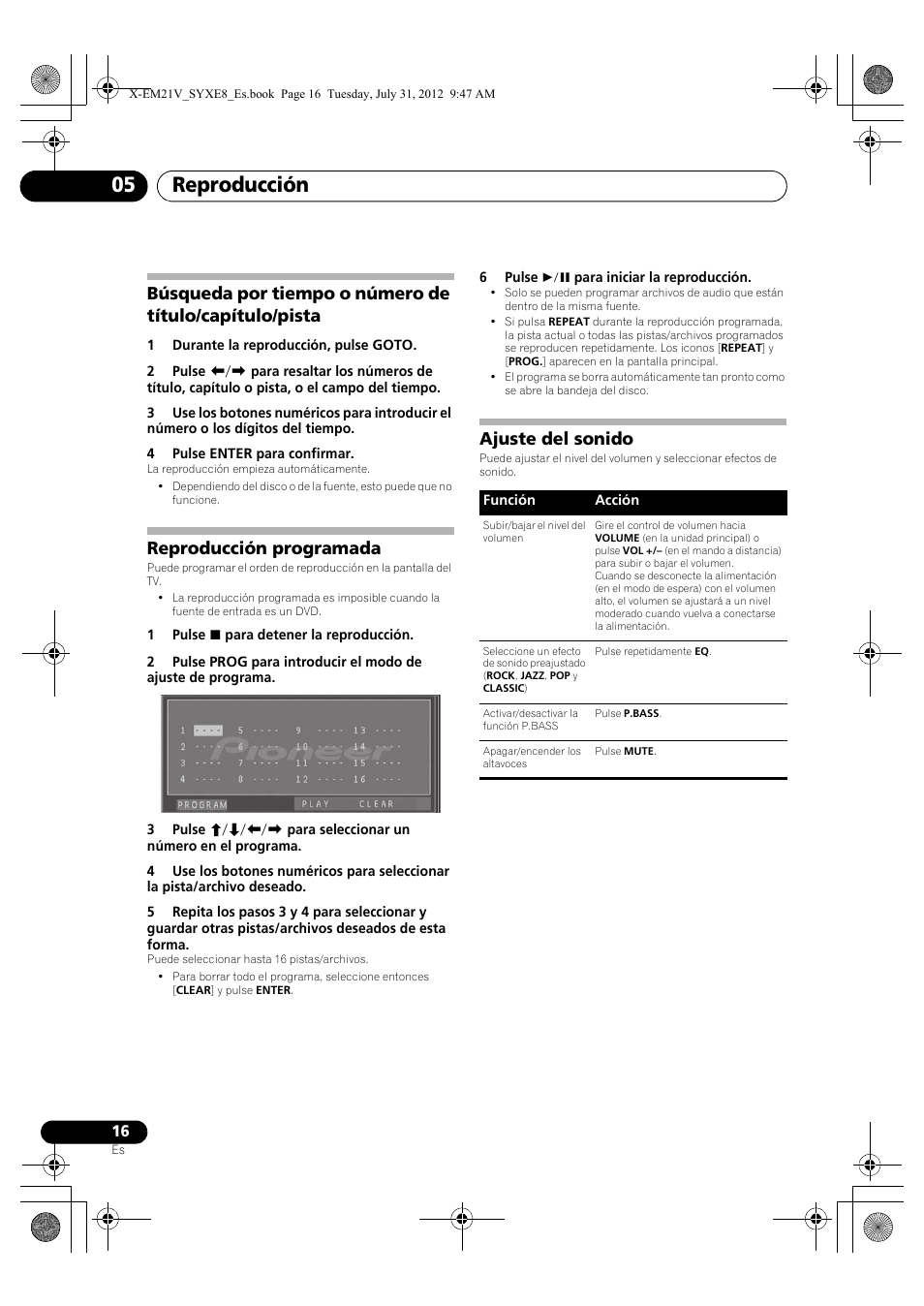 Búsqueda por tiempo o número de título, Capítulo/pista, Reproducción programada | Ajuste del sonido, Reproducción 05 | Pioneer X-EM21V User Manual | Page 156 / 172