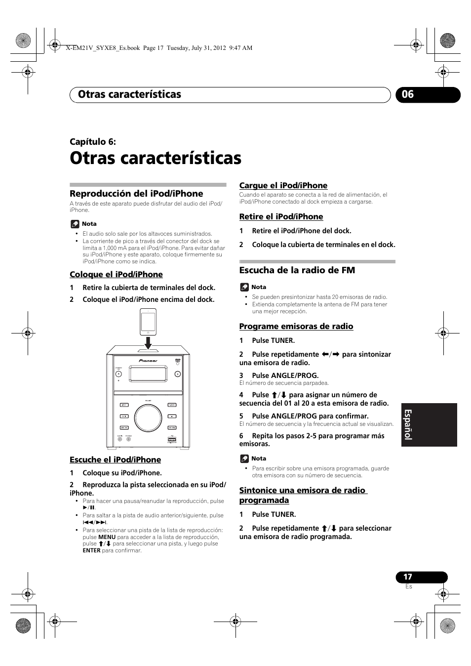 06 otras características, Reproducción del ipod/iphone, Coloque el ipod/iphone | Escuche el ipod/iphone, Cargue el ipod/iphone, Retire el ipod/iphone, Escucha de la radio de fm, Programe emisoras de radio, Sintonice una emisora de radio programada, Otras características | Pioneer X-EM21V User Manual | Page 157 / 172