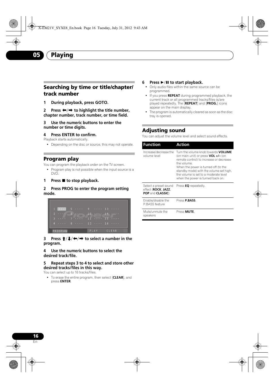 Searching by time or title/chapter/track number, Program play, Adjusting sound | Playing 05, Searching by time or title/chapter/ track number | Pioneer X-EM21V User Manual | Page 16 / 172