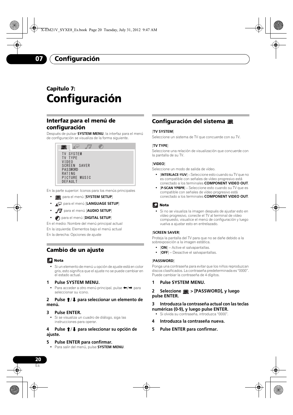 07 configuración, Interfaz para el menú de configuración, Cambio de un ajuste | Configuración del sistema, Configuración, Configuración 07, Capítulo 7 | Pioneer X-EM21V User Manual | Page 160 / 172