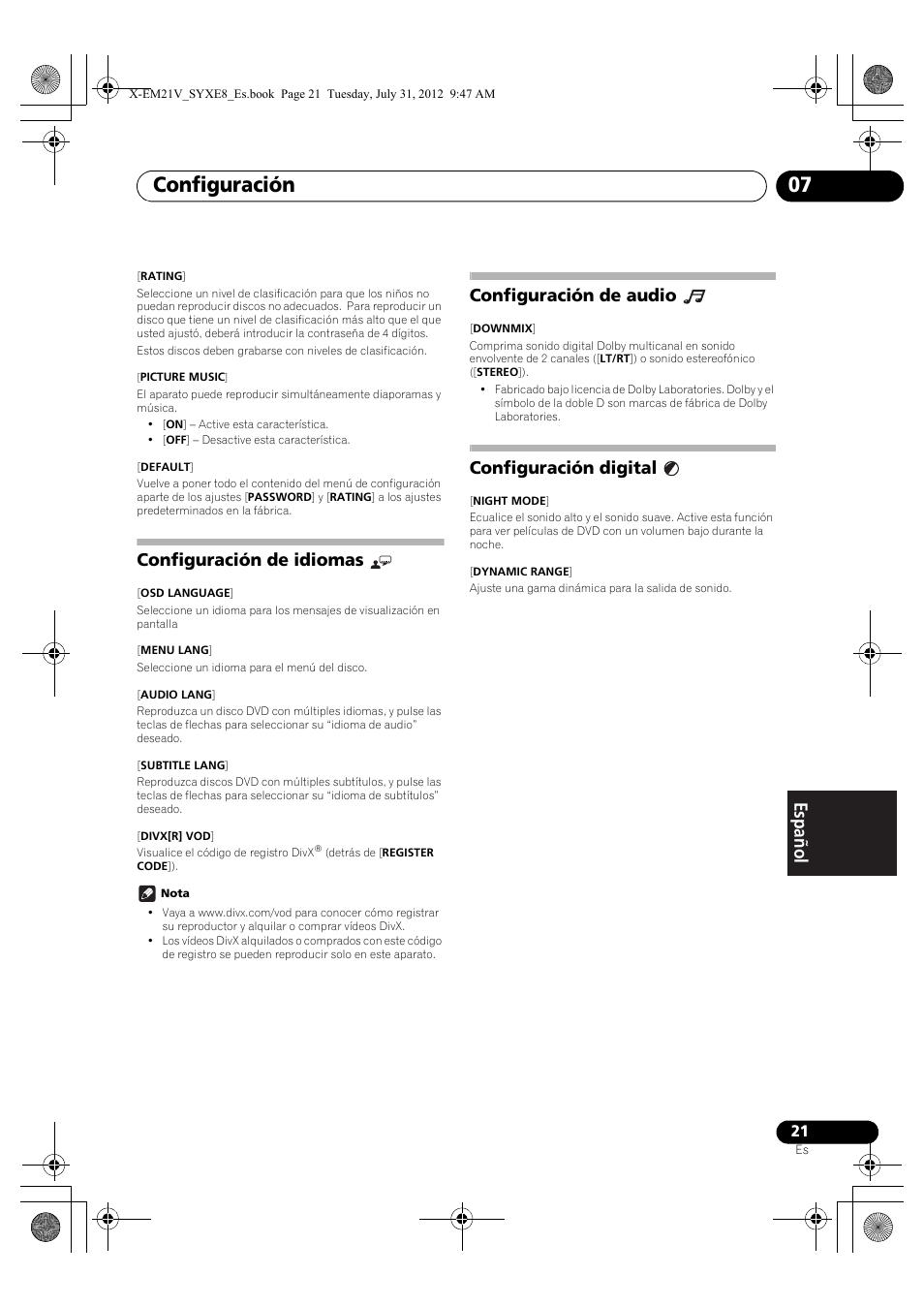 Configuración de idiomas, Configuración de audio, Configuración digital | Configuración 07 | Pioneer X-EM21V User Manual | Page 161 / 172