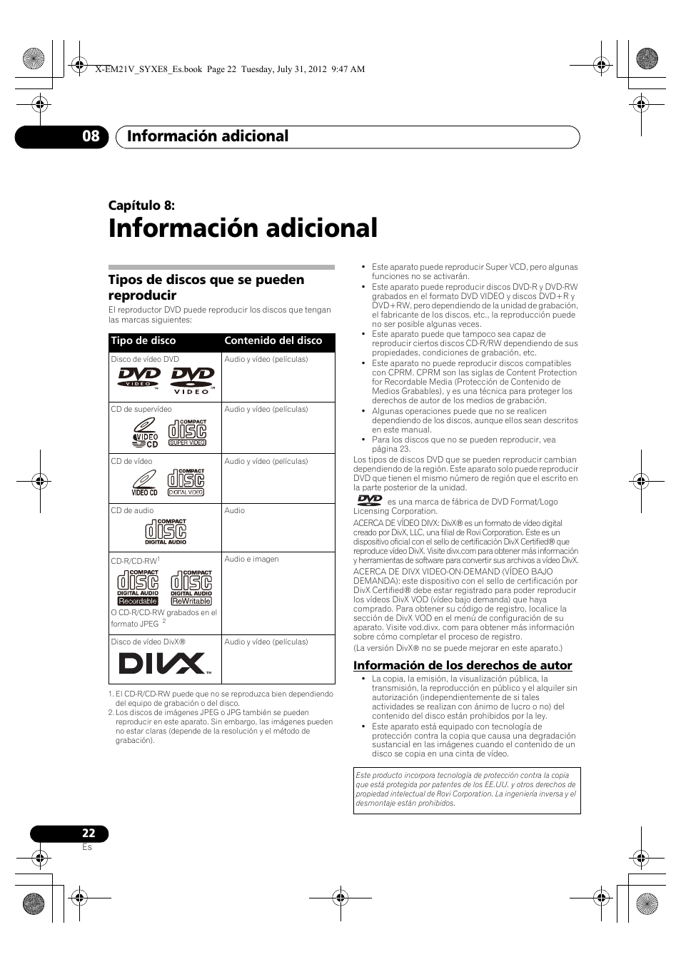 08 información adicional, Tipos de discos que se pueden reproducir, Información de los derechos de autor | Información adicional, Información adicional 08, Capítulo 8 | Pioneer X-EM21V User Manual | Page 162 / 172