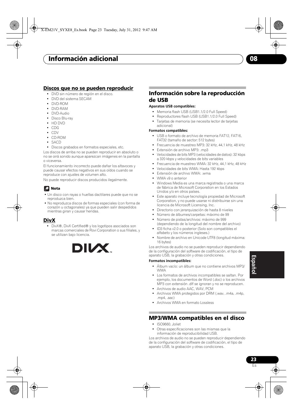 Discos que no se pueden reproducir, Divx, Información sobre la reproducción de usb | Mp3/wma compatibles en el disco, Información adicional 08 | Pioneer X-EM21V User Manual | Page 163 / 172
