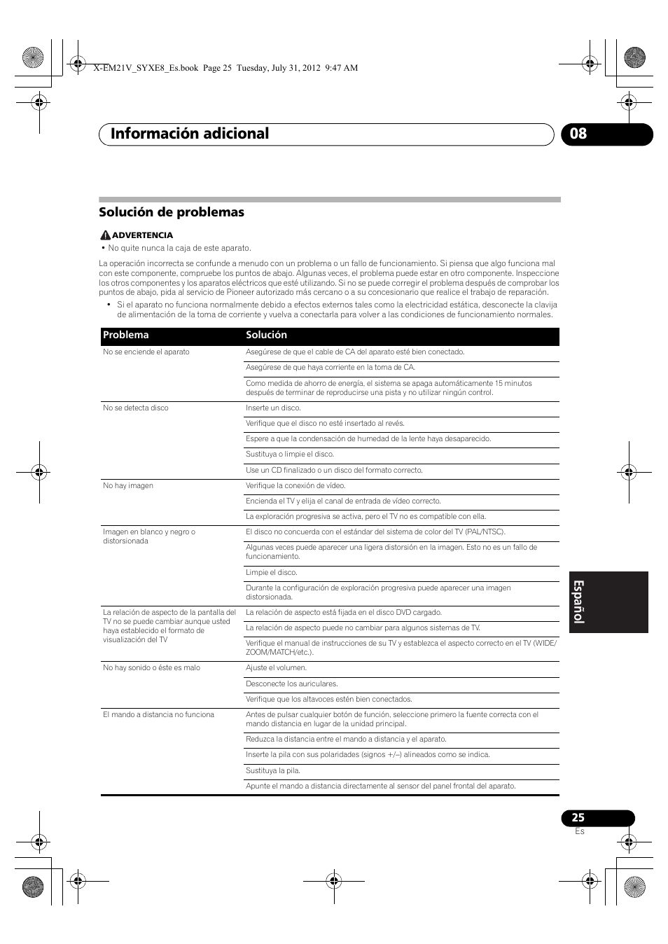 Solución de problemas, Información adicional 08 | Pioneer X-EM21V User Manual | Page 165 / 172