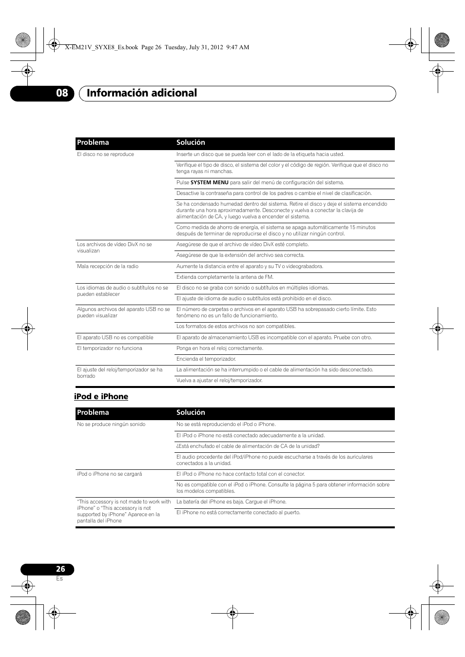 Ipod e iphone, Información adicional 08 | Pioneer X-EM21V User Manual | Page 166 / 172