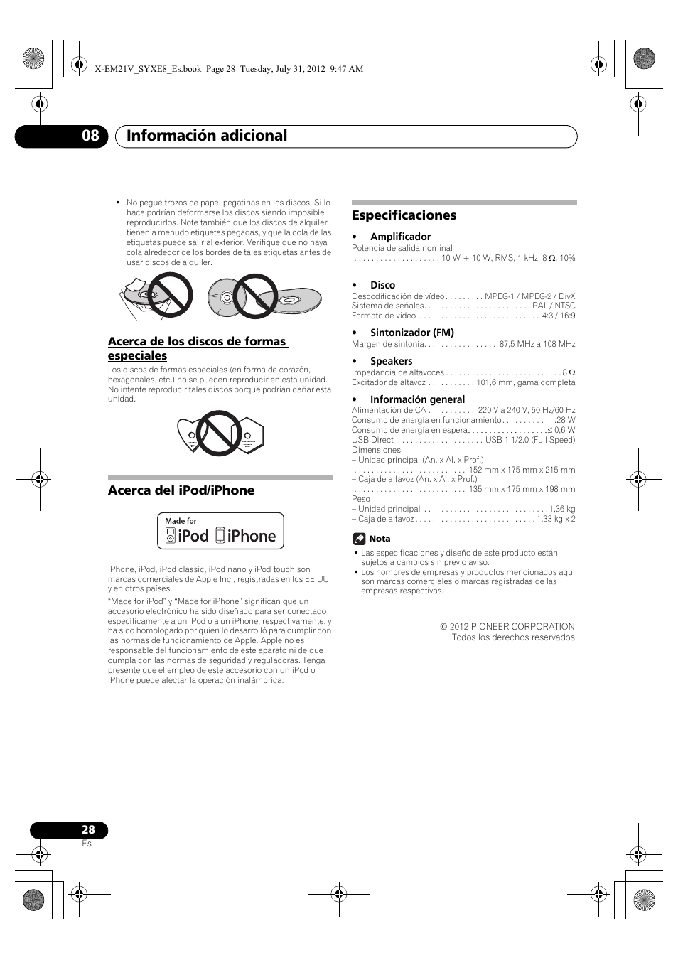 Acerca de los discos de formas especiales, Acerca del ipod/iphone, Especificaciones | Información adicional 08 | Pioneer X-EM21V User Manual | Page 168 / 172