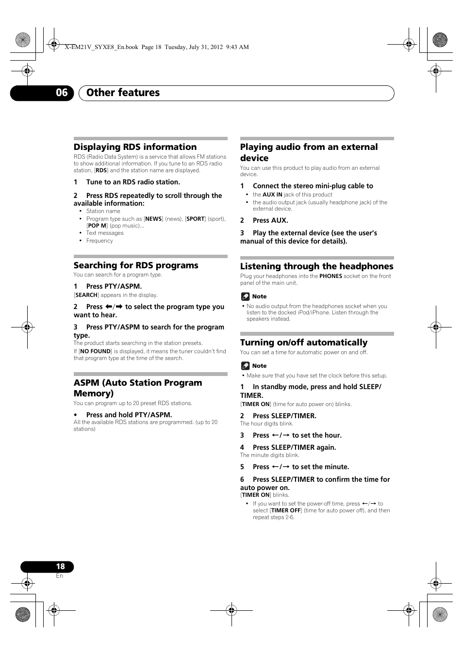 Displaying rds information, Searching for rds programs, Aspm (auto station program memory) | Playing audio from an external device, Listening through the headphones, Turning on/off automatically, Other features 06 | Pioneer X-EM21V User Manual | Page 18 / 172