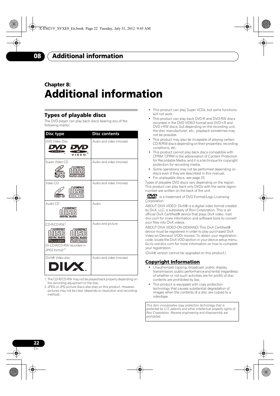 08 additional information, Types of playable discs, Copyright information | Additional information, Additional information 08, Chapter 8 | Pioneer X-EM21V User Manual | Page 22 / 172