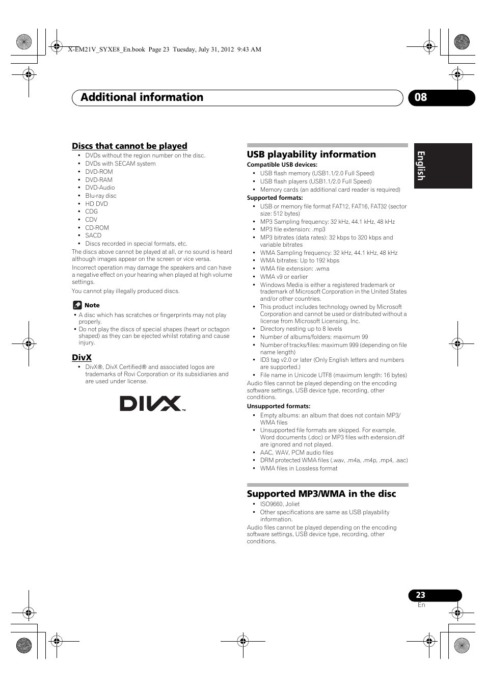 Discs that cannot be played, Divx, Usb playability information | Supported mp3/wma in the disc, Additional information 08 | Pioneer X-EM21V User Manual | Page 23 / 172