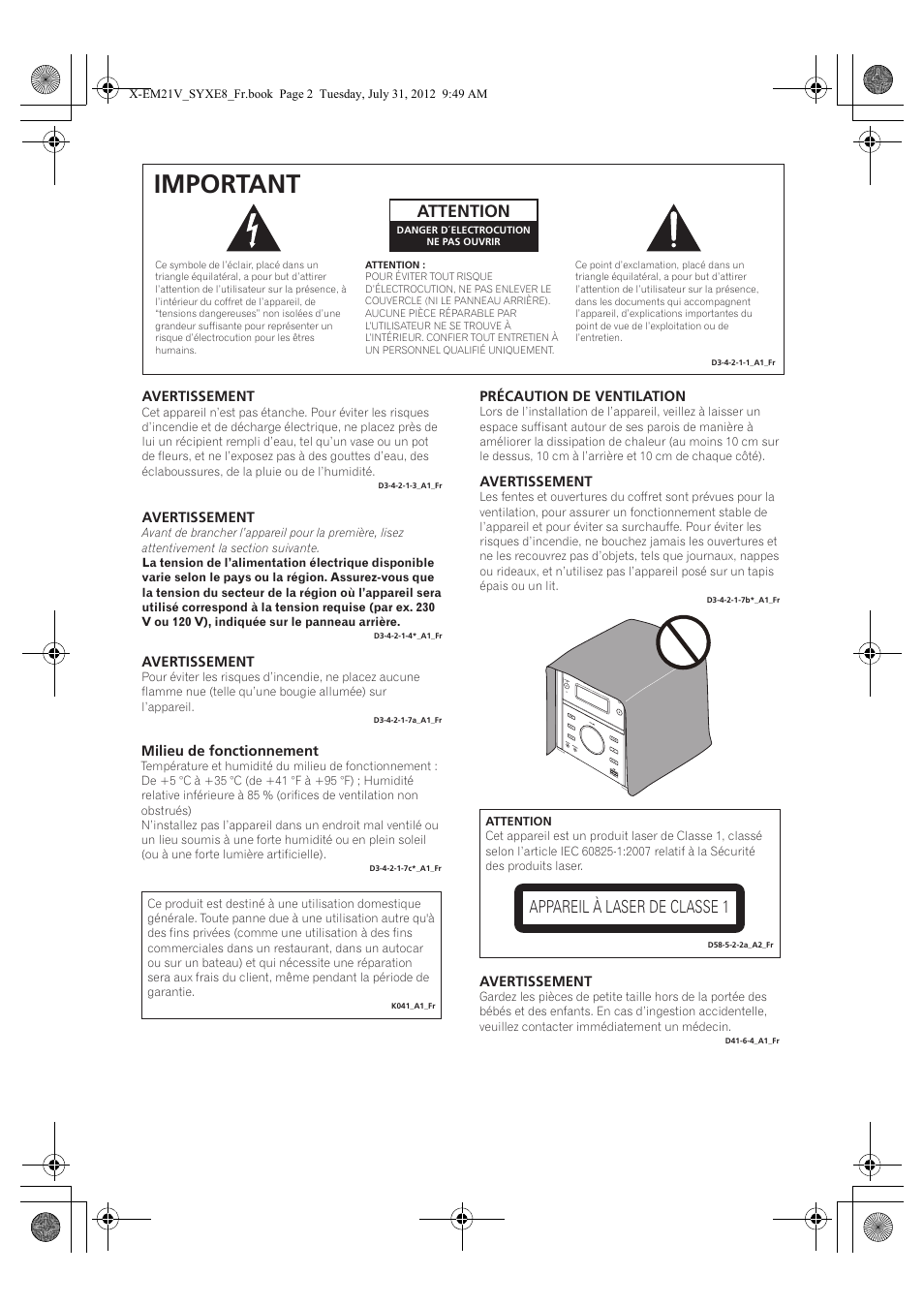 Important, Attention, Appareil à laser de classe 1 | Pioneer X-EM21V User Manual | Page 30 / 172