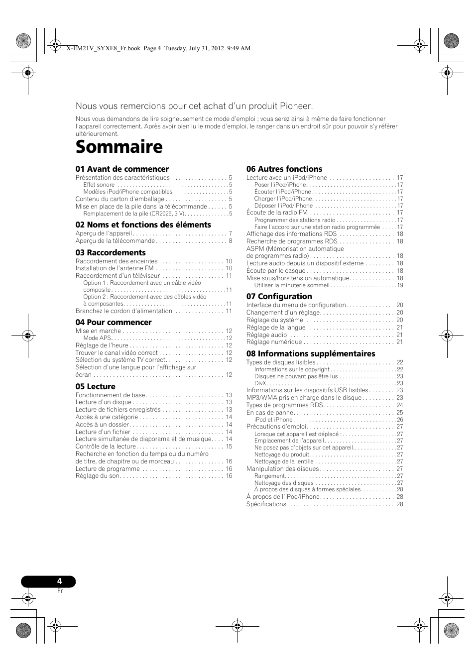 Micro chaîne dvd, Mode d’emploi, Sommaire | 01 avant de commencer, 02 noms et fonctions des éléments, 03 raccordements, 04 pour commencer, 05 lecture, 06 autres fonctions, 07 configuration | Pioneer X-EM21V User Manual | Page 32 / 172