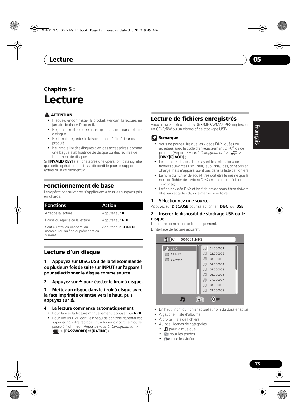 05 lecture, Fonctionnement de base, Lecture d’un disque | Lecture de fichiers enregistrés, Lecture, Lecture 05, Chapitre 5 | Pioneer X-EM21V User Manual | Page 41 / 172