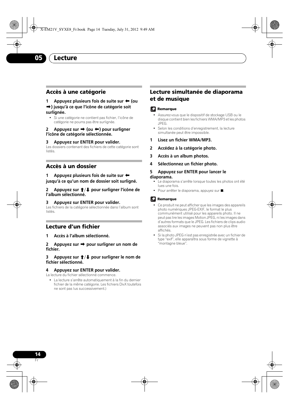 Accès à une catégorie, Accès à un dossier, Lecture d’un fichier | Lecture simultanée de diaporama et de musique, Lecture 05 | Pioneer X-EM21V User Manual | Page 42 / 172