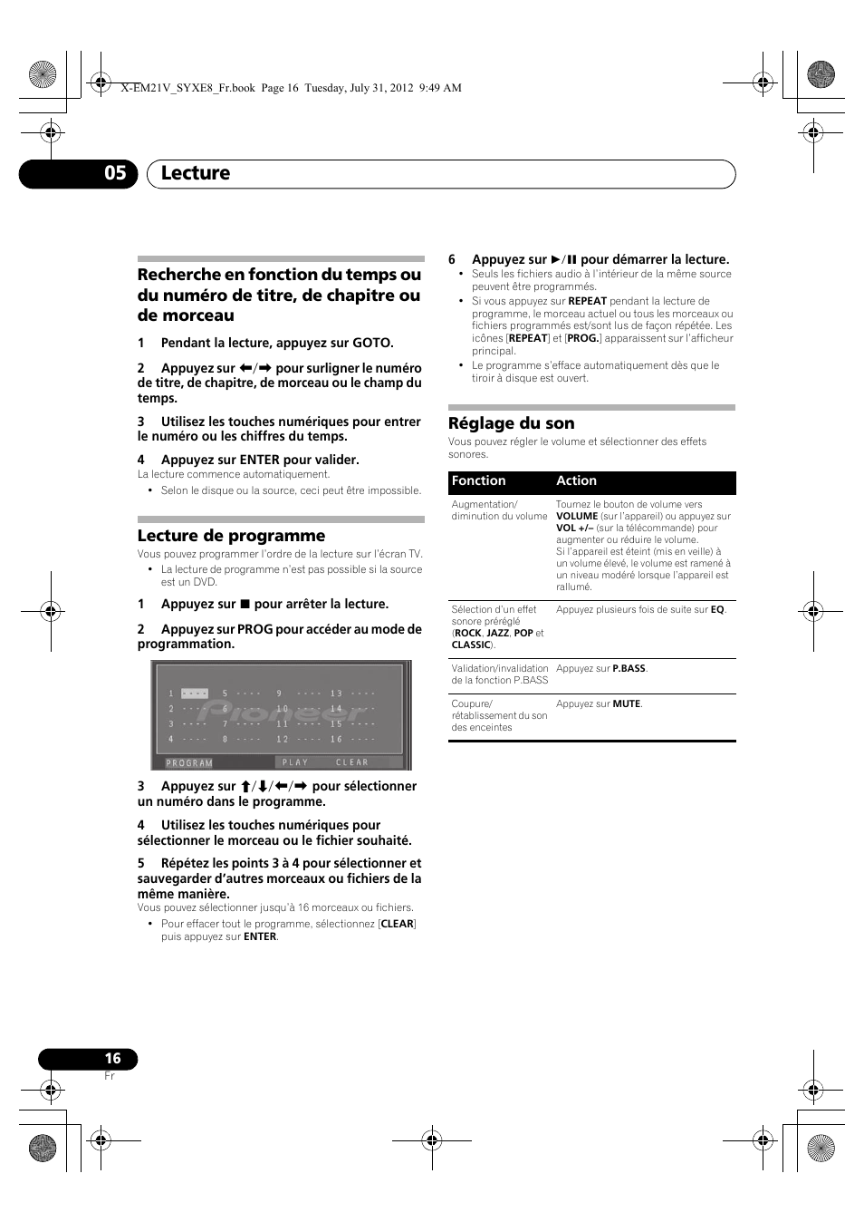 Recherche en fonction du temps ou du numéro, De titre, de chapitre ou de morceau, Lecture de programme | Réglage du son, Lecture 05 | Pioneer X-EM21V User Manual | Page 44 / 172