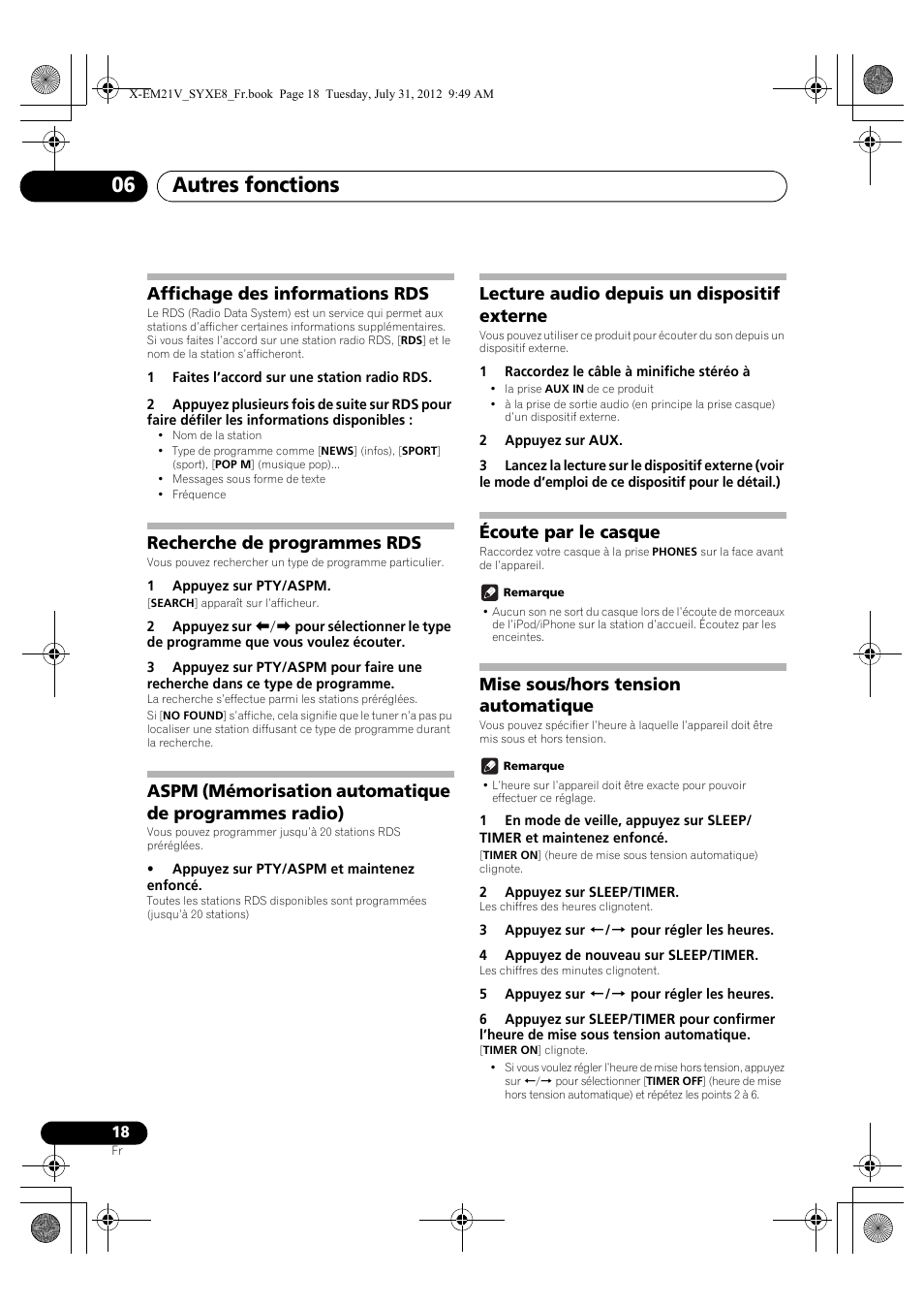 Affichage des informations rds, Recherche de programmes rds, Aspm (mémorisation automatique | De programmes radio), Lecture audio depuis un dispositif externe, Écoute par le casque, Mise sous/hors tension automatique, Autres fonctions 06 | Pioneer X-EM21V User Manual | Page 46 / 172