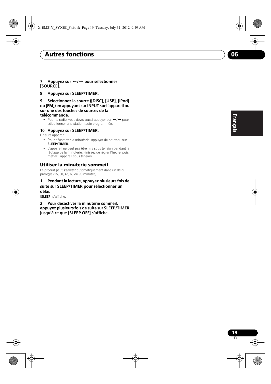 Utiliser la minuterie sommeil, Autres fonctions 06 | Pioneer X-EM21V User Manual | Page 47 / 172