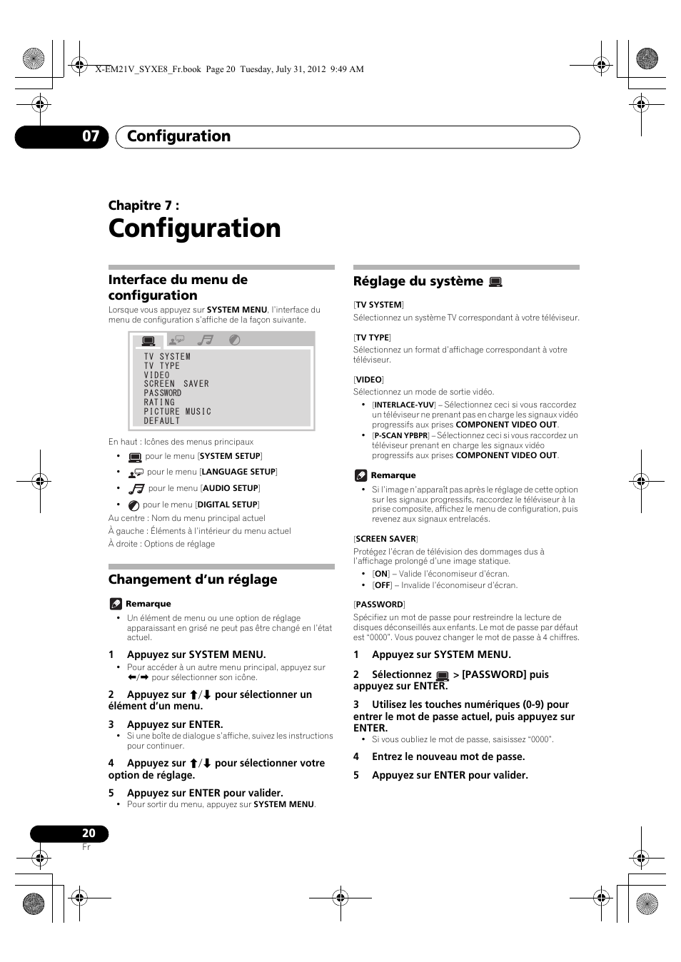 07 configuration, Interface du menu de configuration, Changement d’un réglage | Réglage du système, Configuration, Configuration 07, Chapitre 7 | Pioneer X-EM21V User Manual | Page 48 / 172
