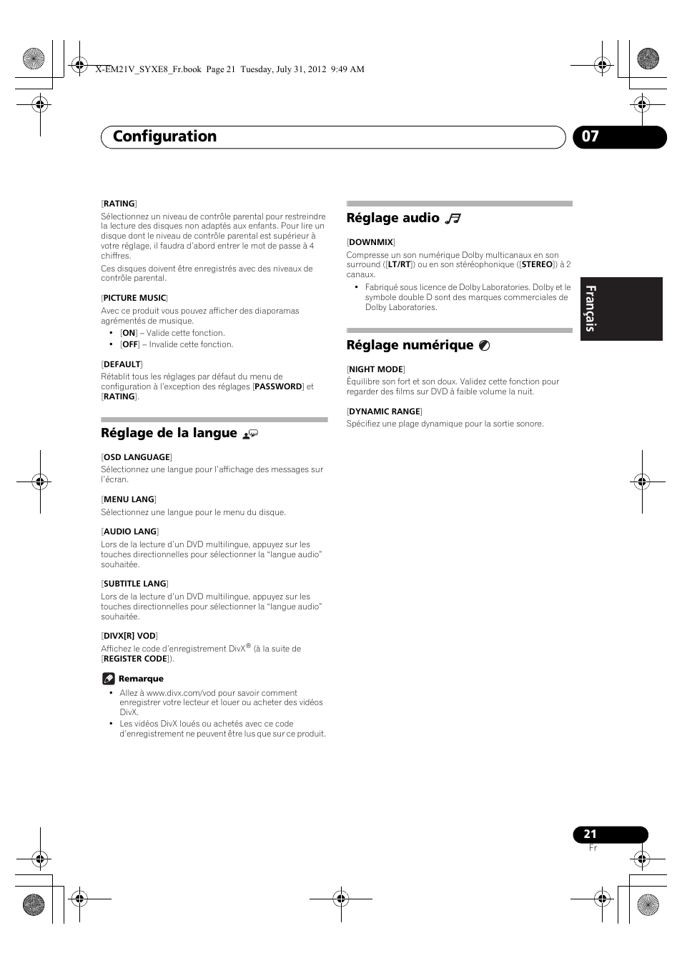 Réglage de la langue, Réglage audio, Réglage numérique | Configuration 07 | Pioneer X-EM21V User Manual | Page 49 / 172