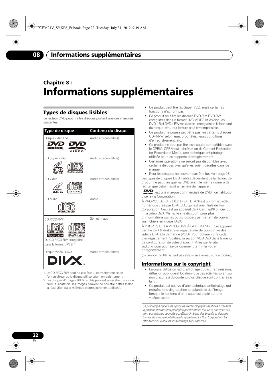 08 informations supplémentaires, Types de disques lisibles, Informations sur le copyright | Informations supplémentaires, Informations supplémentaires 08, Chapitre 8 | Pioneer X-EM21V User Manual | Page 50 / 172