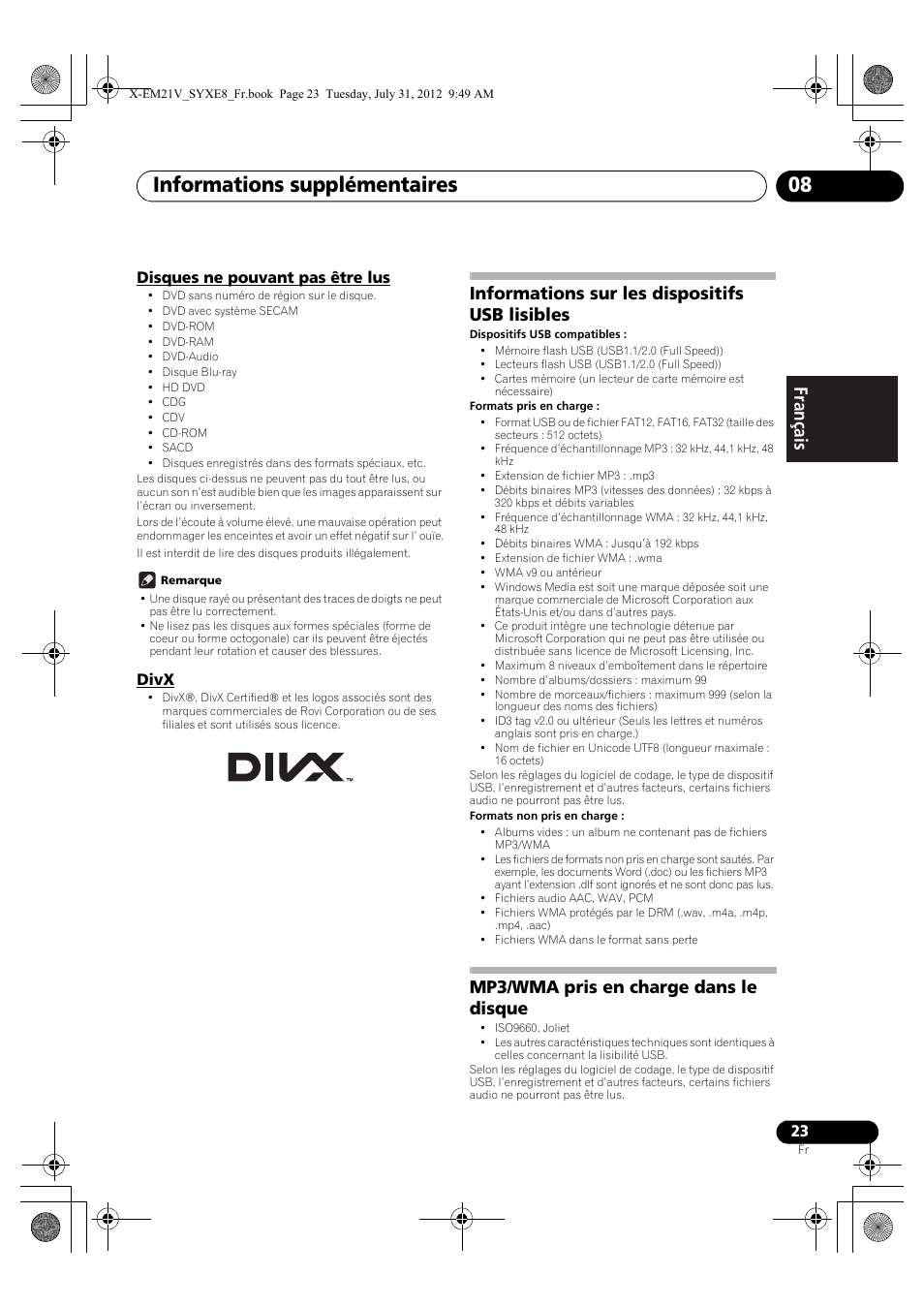 Disques ne pouvant pas être lus, Divx, Informations sur les dispositifs usb lisibles | Mp3/wma pris en charge dans le disque, Informations supplémentaires 08 | Pioneer X-EM21V User Manual | Page 51 / 172