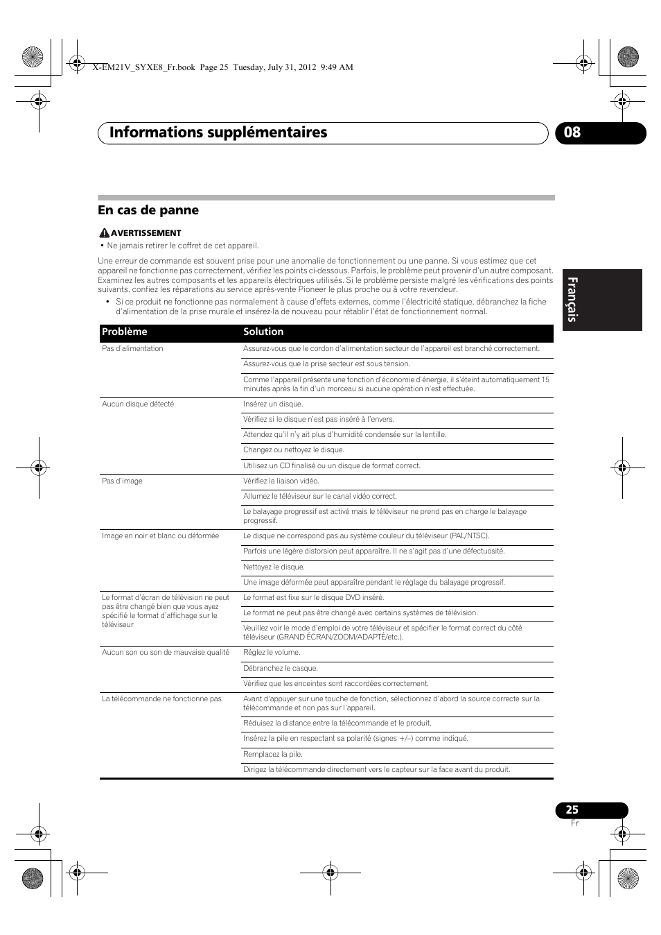 En cas de panne, Informations supplémentaires 08 | Pioneer X-EM21V User Manual | Page 53 / 172