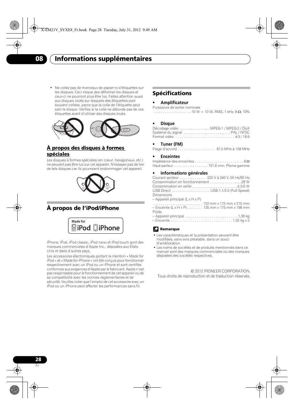 À propos des disques à formes spéciales, À propos de l’ipod/iphone, Spécifications | Informations supplémentaires 08 | Pioneer X-EM21V User Manual | Page 56 / 172