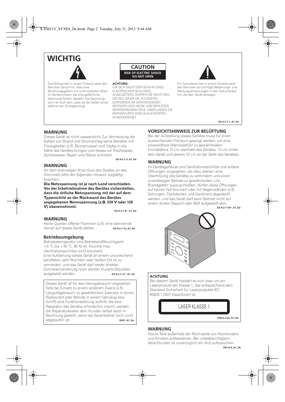 Wichtig, Caution, Laser klasse 1 | Pioneer X-EM21V User Manual | Page 58 / 172