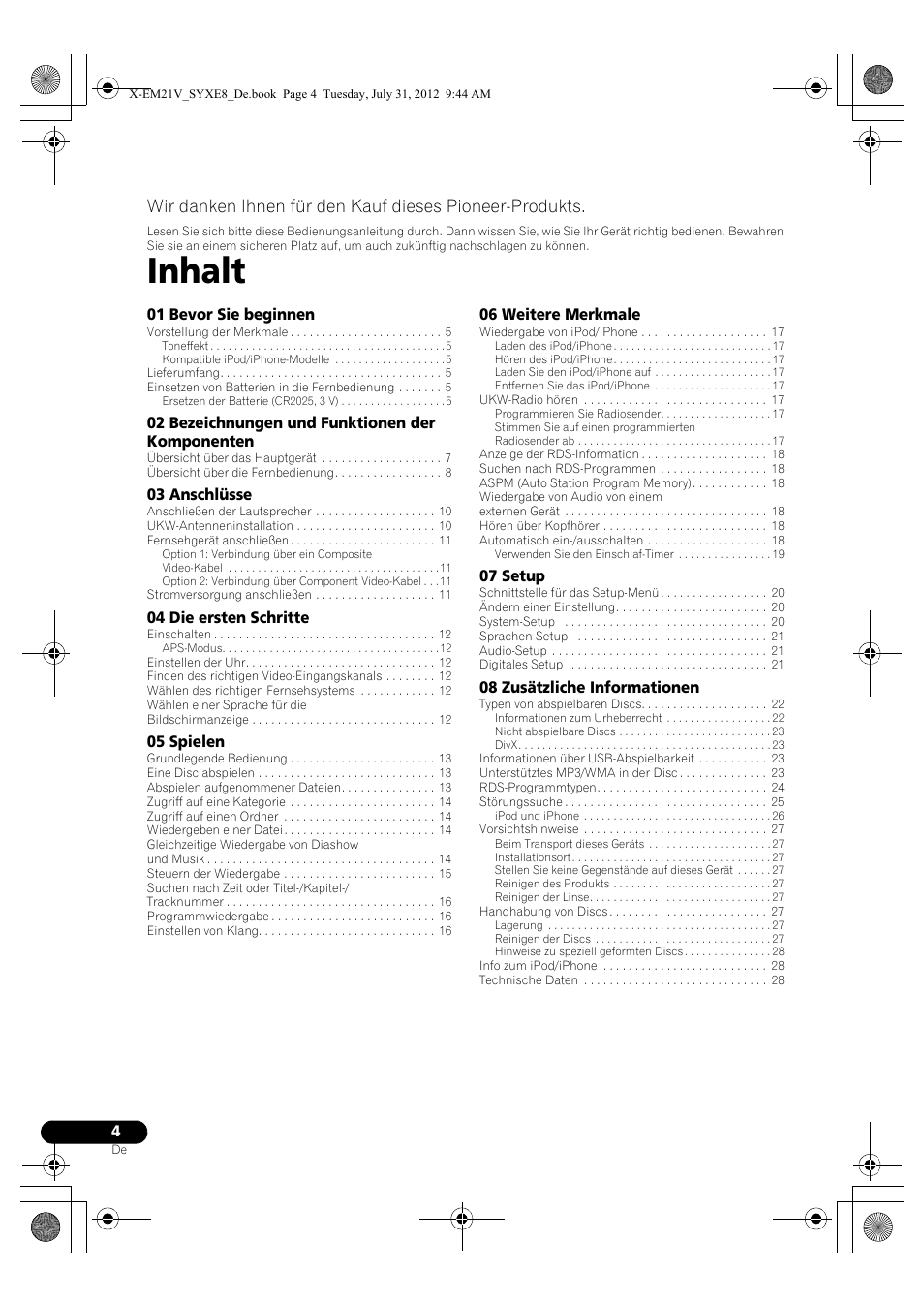 Dvd-receiversystem, Bedienungsanleitung, Inhalt | 01 bevor sie beginnen, 02 bezeichnungen und funktionen der komponenten, 03 anschlüsse, 04 die ersten schritte, 05 spielen, 06 weitere merkmale, 07 setup | Pioneer X-EM21V User Manual | Page 60 / 172