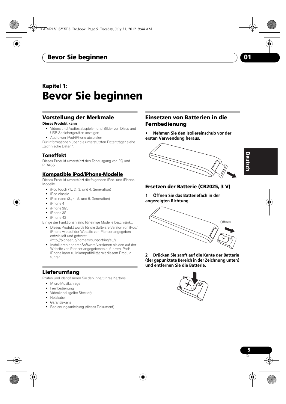 01 bevor sie beginnen, Vorstellung der merkmale, Toneffekt | Kompatible ipod/iphone-modelle, Lieferumfang, Einsetzen von batterien in die fernbedienung, Ersetzen der batterie (cr2025, 3 v), Bevor sie beginnen, Bevor sie beginnen 01, Kapitel 1 | Pioneer X-EM21V User Manual | Page 61 / 172