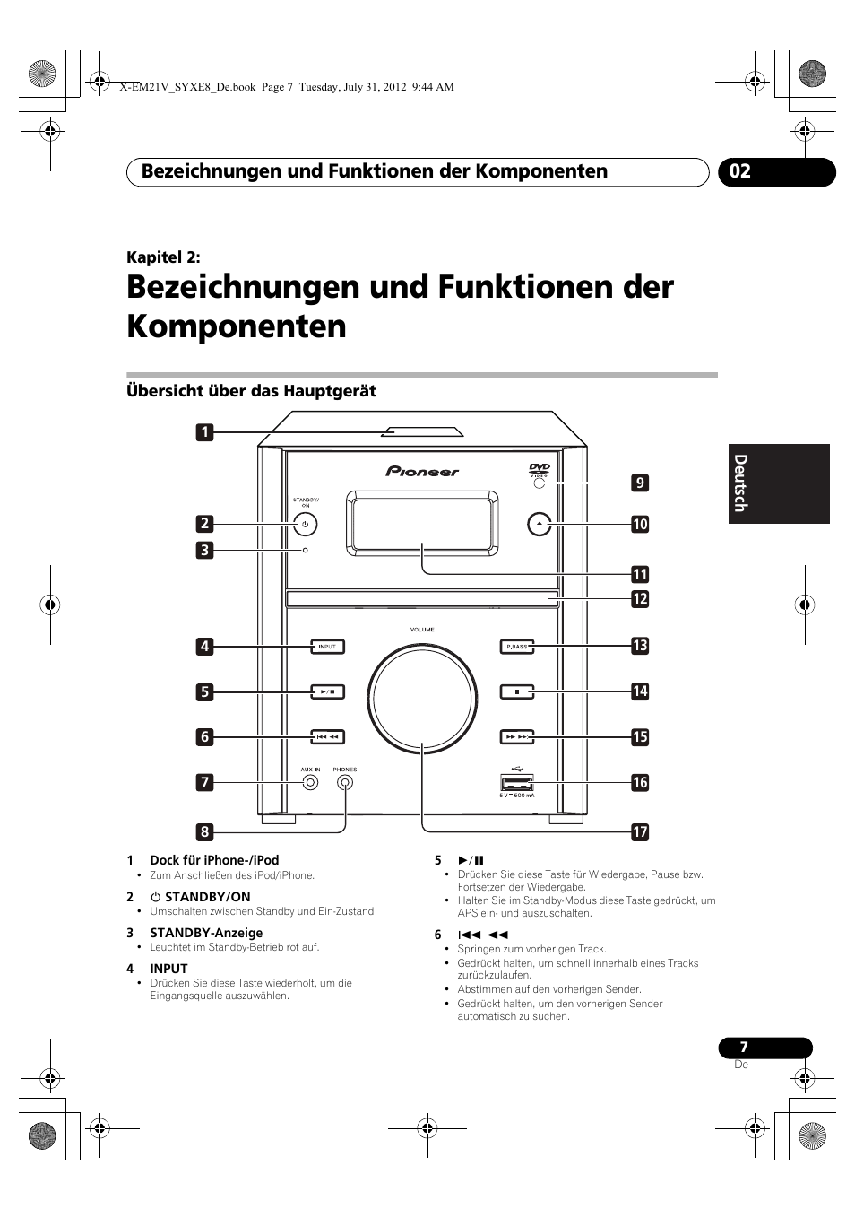 02 bezeichnungen und funktionen der, Komponenten, Übersicht über das hauptgerät | Bezeichnungen und funktionen der komponenten, Bezeichnungen und funktionen der komponenten 02 | Pioneer X-EM21V User Manual | Page 63 / 172