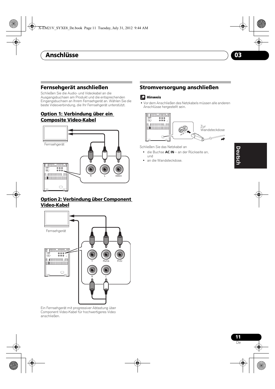 Fernsehgerät anschließen, Option 1: verbindung über ein composite, Video-kabel | Option 2: verbindung über component video-kabel, Stromversorgung anschließen, Anschlüsse 03 | Pioneer X-EM21V User Manual | Page 67 / 172