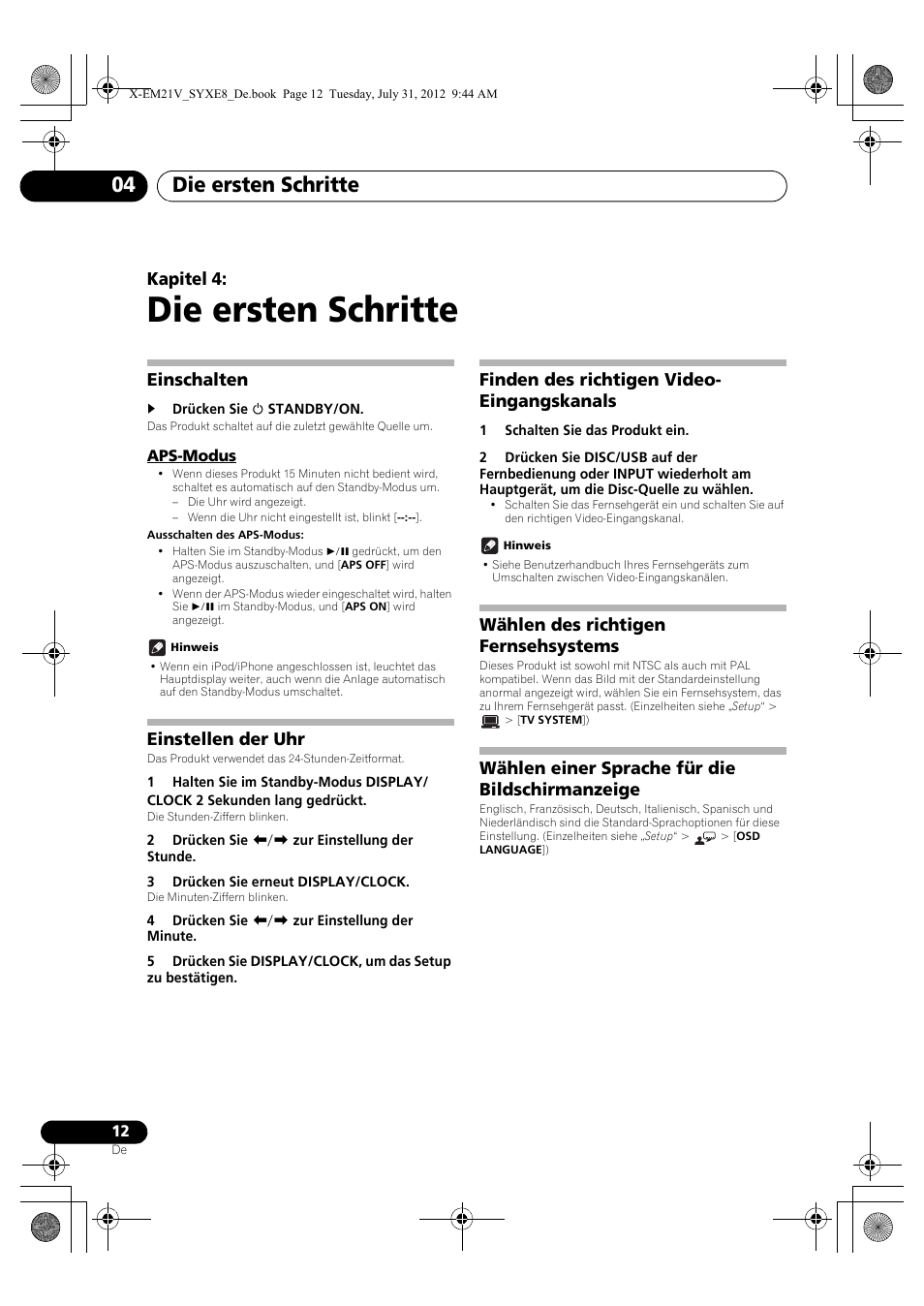 04 die ersten schritte, Einschalten, Aps-modus | Einstellen der uhr, Finden des richtigen video-eingangskanals, Wählen des richtigen fernsehsystems, Wählen einer sprache für die, Bildschirmanzeige, Die ersten schritte, Die ersten schritte 04 | Pioneer X-EM21V User Manual | Page 68 / 172