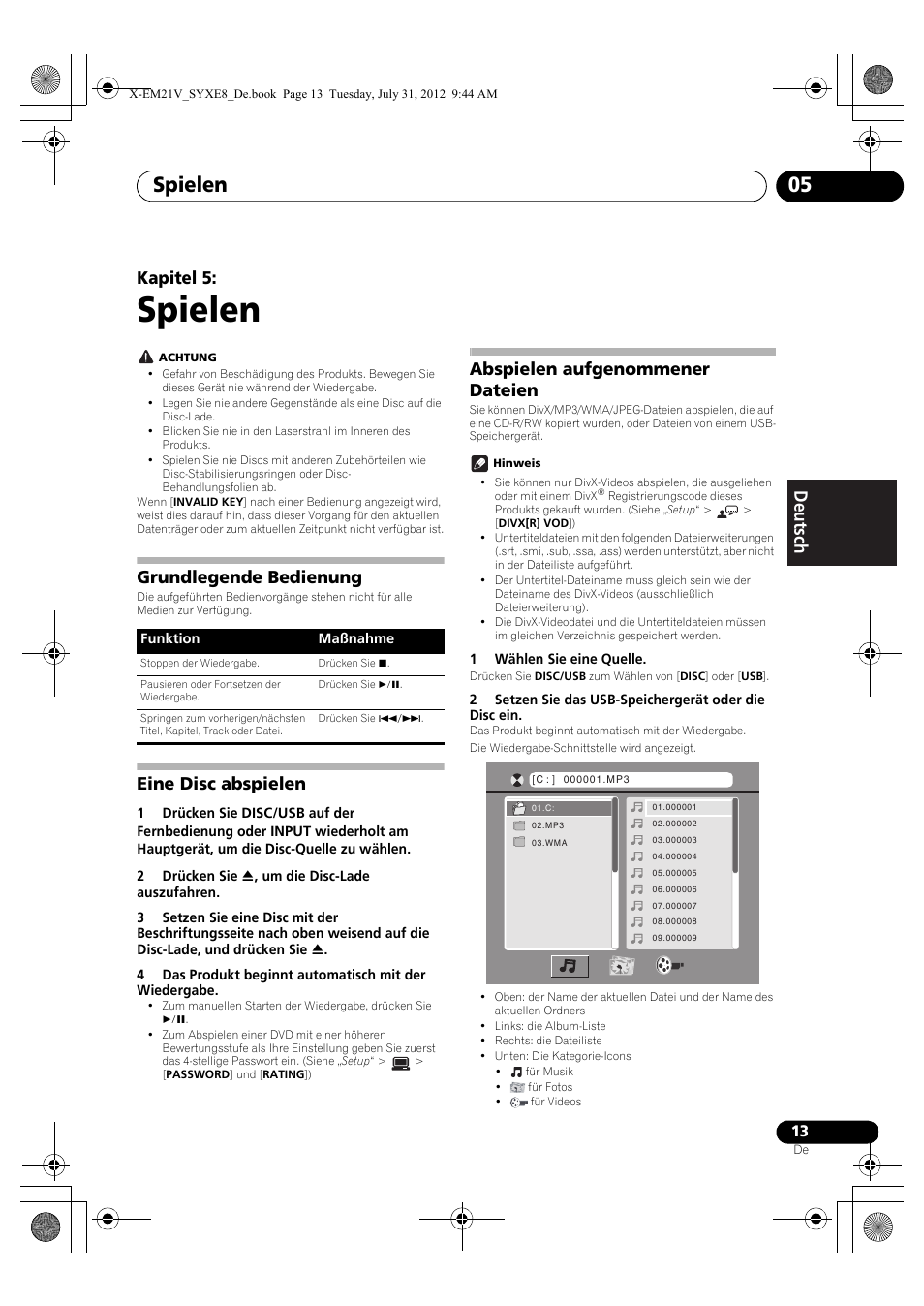 05 spielen, Grundlegende bedienung, Eine disc abspielen | Abspielen aufgenommener dateien, Spielen, Spielen 05, Kapitel 5 | Pioneer X-EM21V User Manual | Page 69 / 172