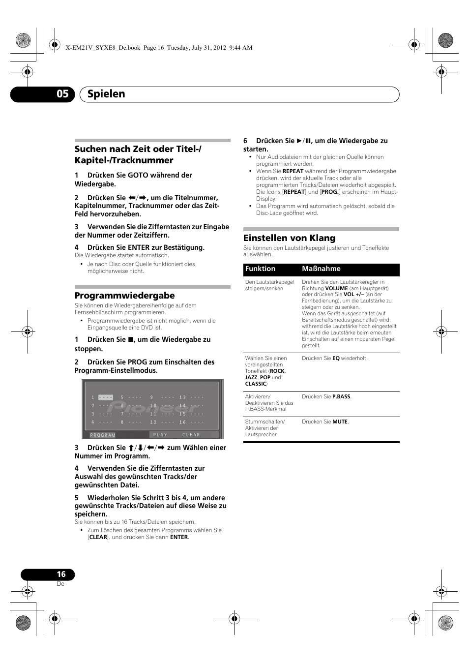 Suchen nach zeit oder titel-/kapitel, Tracknummer, Programmwiedergabe | Einstellen von klang, Spielen 05, Suchen nach zeit oder titel-/ kapitel-/tracknummer | Pioneer X-EM21V User Manual | Page 72 / 172