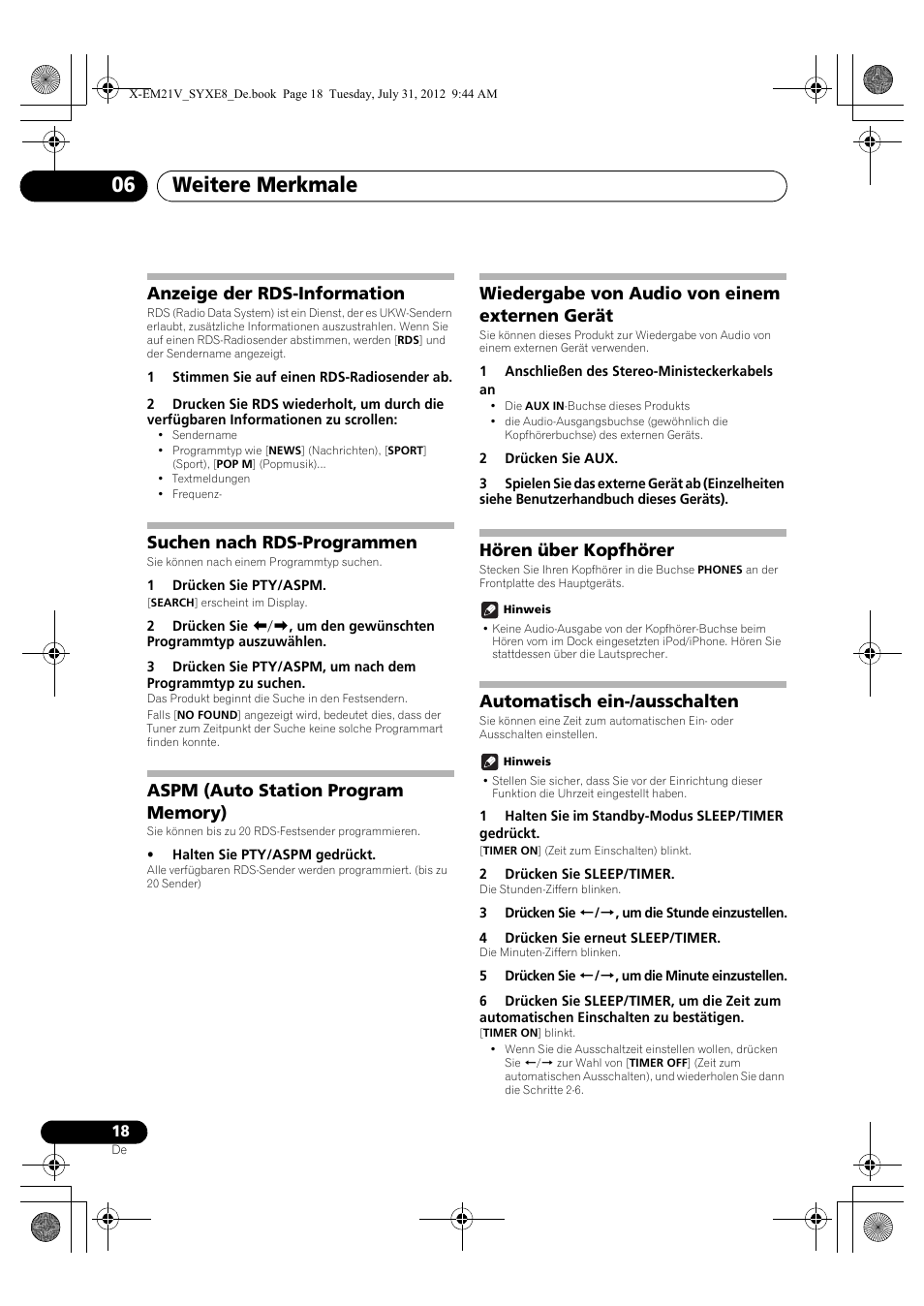 Anzeige der rds-information, Suchen nach rds-programmen, Aspm (auto station program memory) | Wiedergabe von audio von einem, Externen gerät, Hören über kopfhörer, Automatisch ein-/ausschalten, Weitere merkmale 06, Wiedergabe von audio von einem externen gerät | Pioneer X-EM21V User Manual | Page 74 / 172