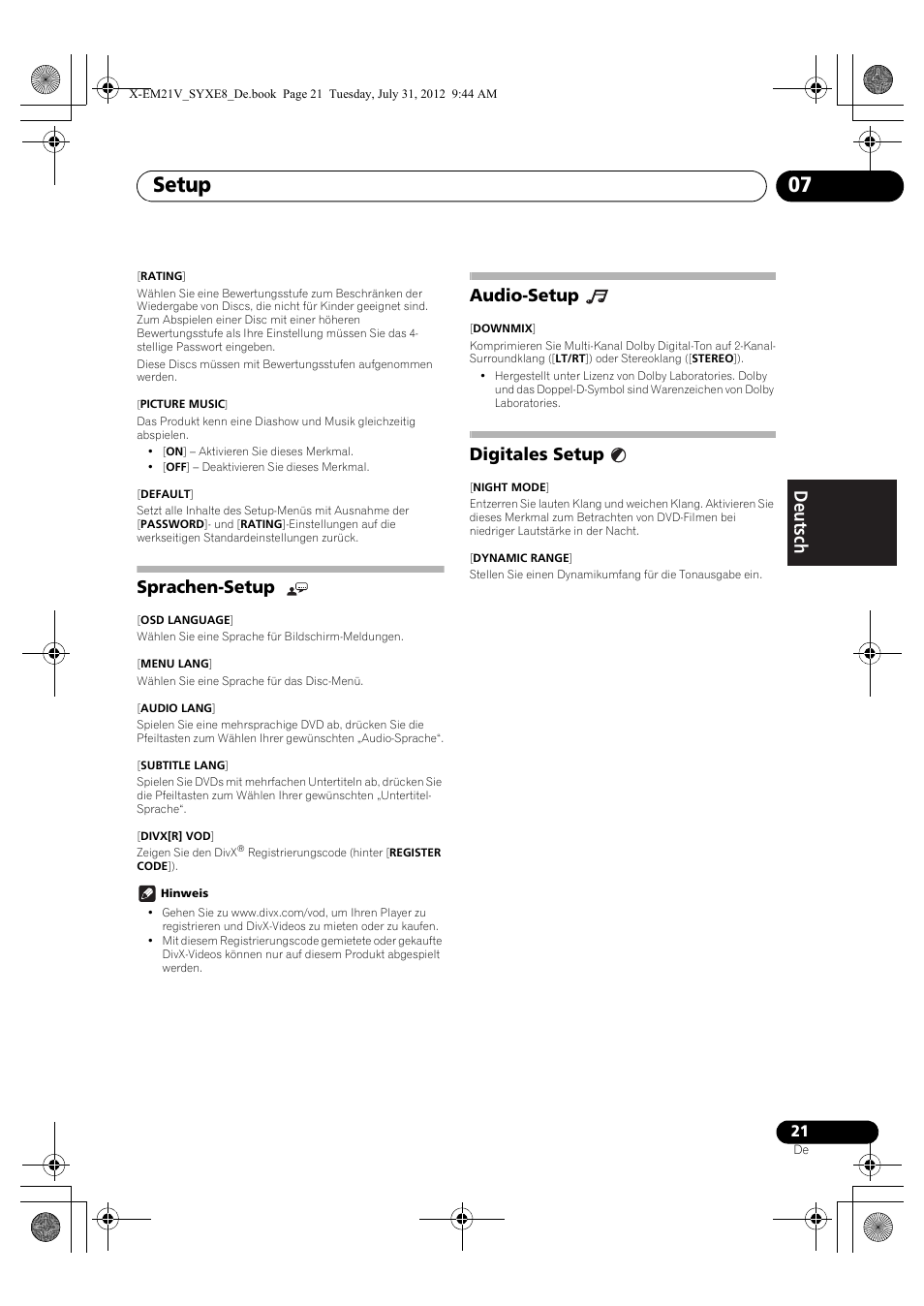 Sprachen-setup, Audio-setup, Digitales setup | Setup 07 | Pioneer X-EM21V User Manual | Page 77 / 172